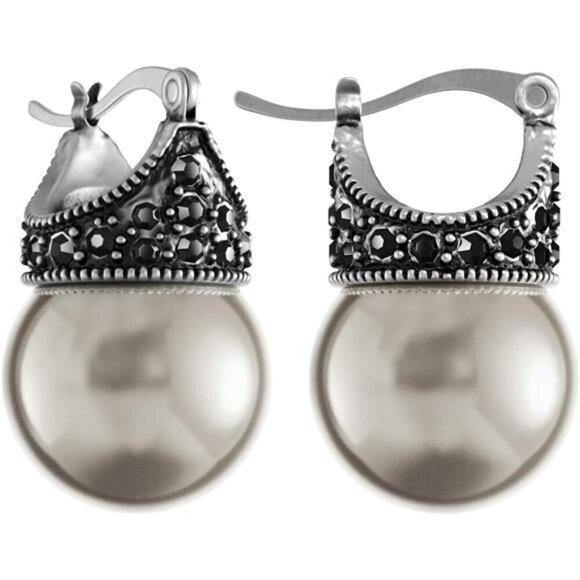 Jewelry Glass Pearl Earrings | Rhodium Plated with Hematite Crystal - Picture 1 of 3